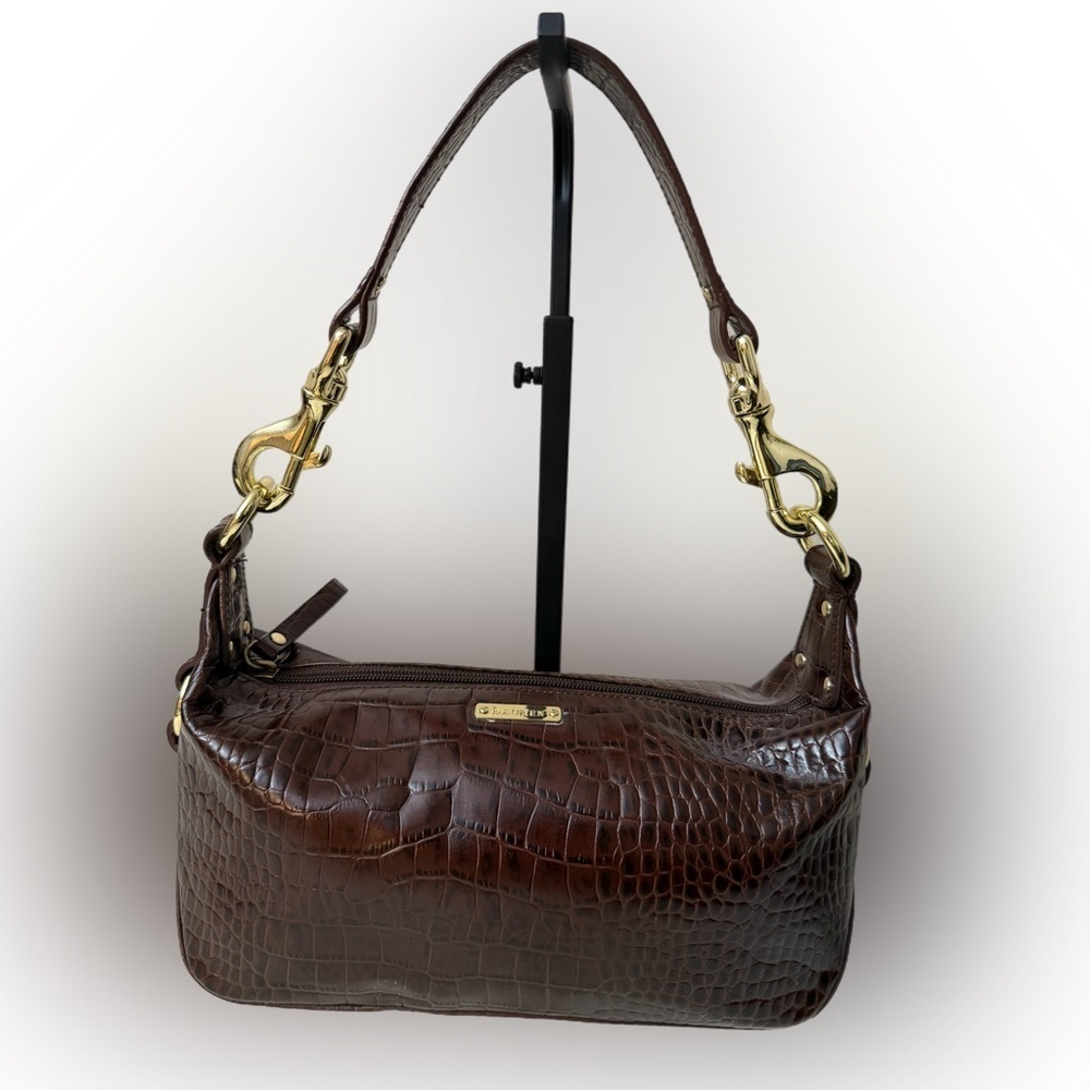 VTG 90s Y2K Ralph Lauren Cognac Crock Embossed Leather Baguette Purse Soho